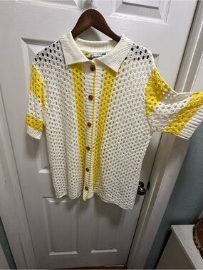 Fashion Nova White and Yellow Open-Knit Button-Up Dopamine Top
